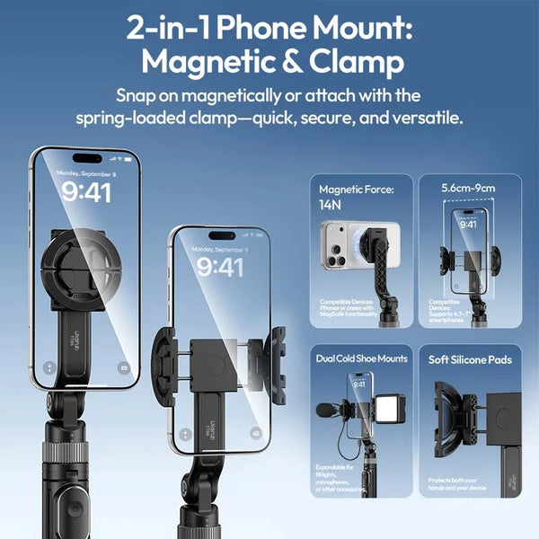 Ulanzi TT86 Mini Overhead Selfie Stick ជើងកាមេរ៉ាទូរសព្ទម៉ាញេទិក ជាមួយនឹង 2 in 1 Clamp Mount ការគ្រប់គ្រងឥតខ្សែ សម្រាប់ Vlog Iphone 17 Android