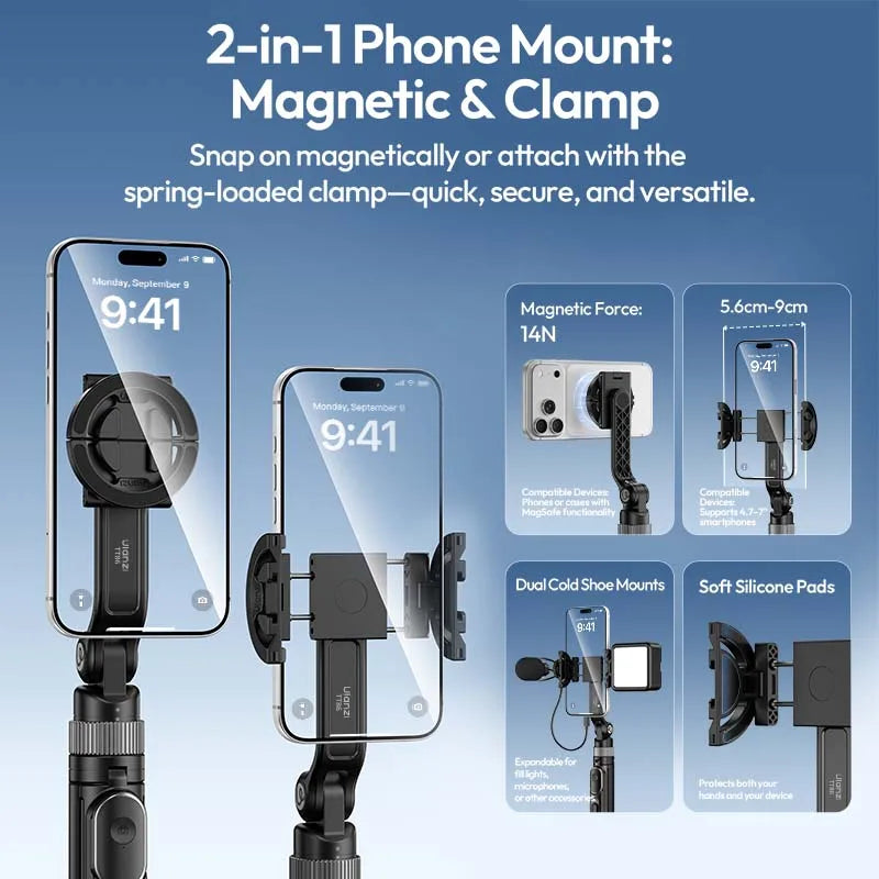 Ulanzi TT86 Mini Overhead Selfie Stick ជើងកាមេរ៉ាទូរសព្ទម៉ាញេទិក ជាមួយនឹង 2 in 1 Clamp Mount ការគ្រប់គ្រងឥតខ្សែ សម្រាប់ Vlog Iphone 17 Android