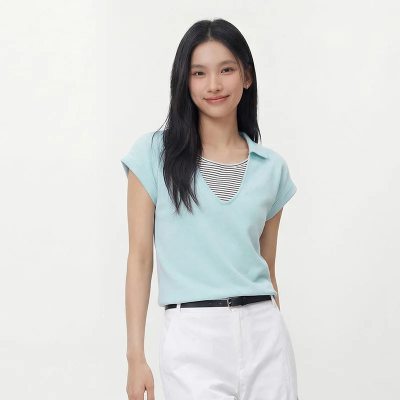 Semir Womens Polo 2026 Short Striped Patchwork Fake Two Piece Ruffle Loose Raglan Sleeve Casual Soft
