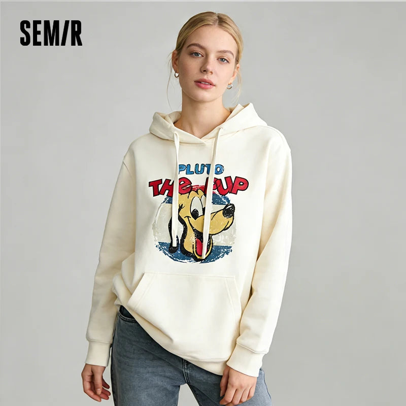 Semir Trendy Hoodie Women Spring Mid Length Hooded Loose Print Embroidery Heavyweight Stylish Streetwear Casual Top