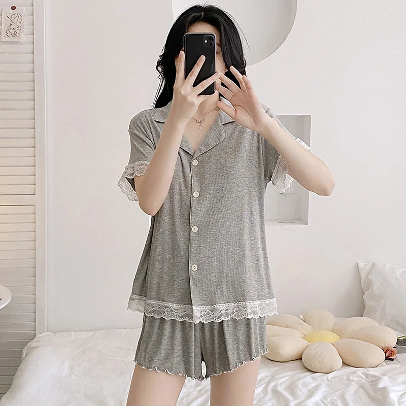 New Summer Pajamas Chest Pad Pink Sleepwear Short Sleeve Nightwear 2 Pieces Set for Woman Loungewear Sleep Lounge Wear Pijama