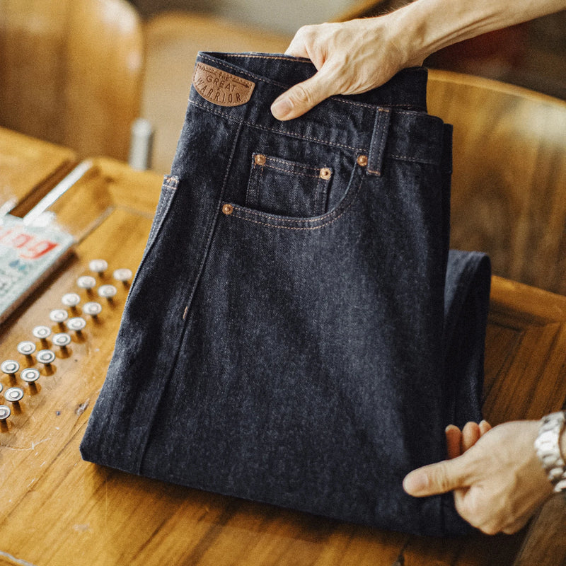Maden Vintage Men's 9.7oz Slub Denim Jeans Cinch Back Straight-Leg Washed Blue Pants Zip Fly Casual Trousers for Spring Autumn