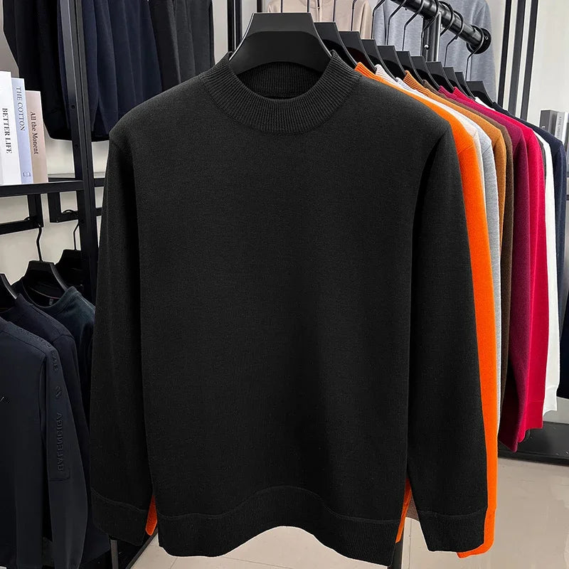 Soft Knitted Half High Neck Sweater Men Full Fleece Lined Thermal Pullover Breathable Long Sleeve Outfit For Fall Winter