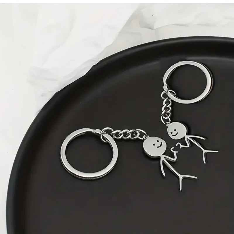 2pcs Stickman Matching Heart Keychain For Men, Cute Alloy Key Chain, Ring Purse Bag Backpack Pendant Decoration.