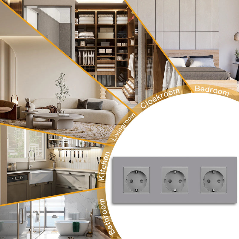 BSEED EU Wall Sockets Single Power Outlets Gray Double Frame Sockets Plastic Panel Triple Power Plugs Kids Protection 16A