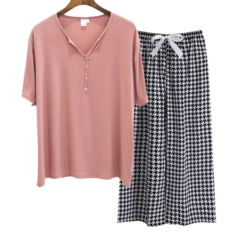 Spring Summer Threaded Modal Knitted V-neck Short Sleeve Sleepwear Women Loose Home Pajama Set Print Nightwear Pijama Suit