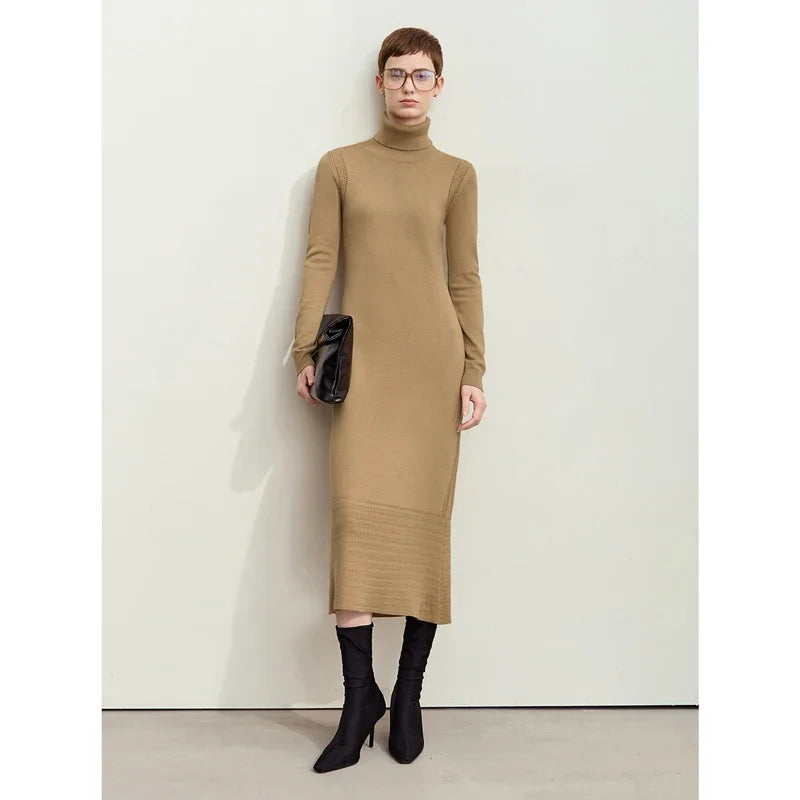 AMII Dresses for Woman 2026 Winter New Knitted Long Sleeves Women's Clothing Solid Elegant Thin Turtleneck Dress Ladies 12444163
