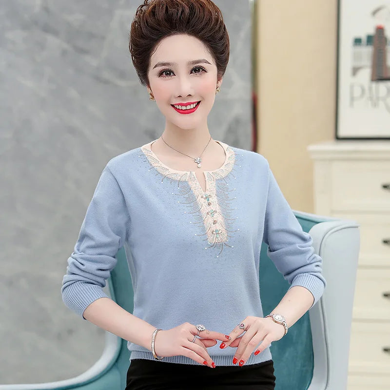 Hot Sweaters & Jumpers New Pullover Knitwear Tops Women Spring Autumn Long Sleeve Middle Aged Mother Clothing Woolen Blouse