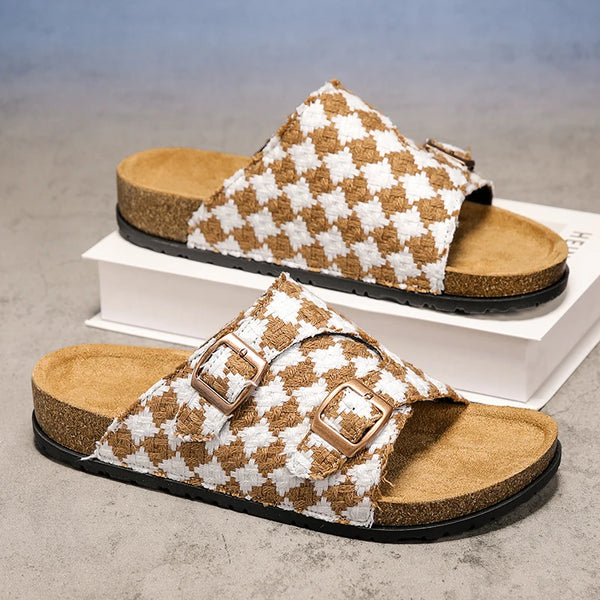 Vintage Plaid Cork Footbed Slippers Unisex Adjustable Double Buckle Flat Sandals Non-slip Summer Casual Shoes for Men Women