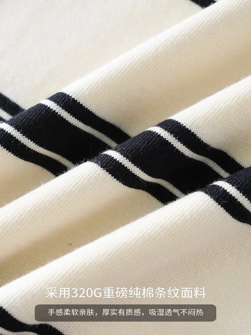 DUKEEN 320G Heavyweight Striped T Shirt for Men Summer Fashion 100% Cotton Crew Neck Short Sleeve Tees Couple Clothing Oversize