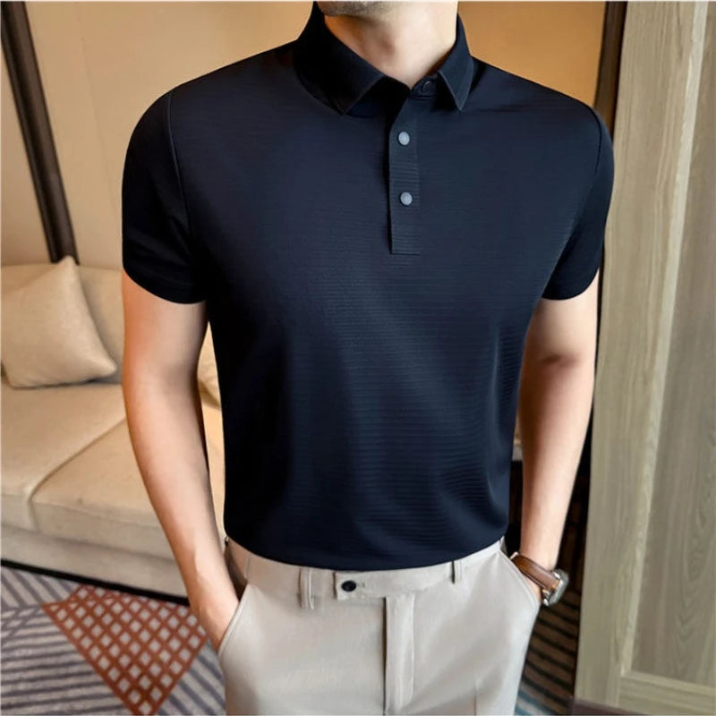 Men Summer Short Sleeve Striped Polo Shirt Slim Fit Elastic Solid Color Business Casual T-Shirt