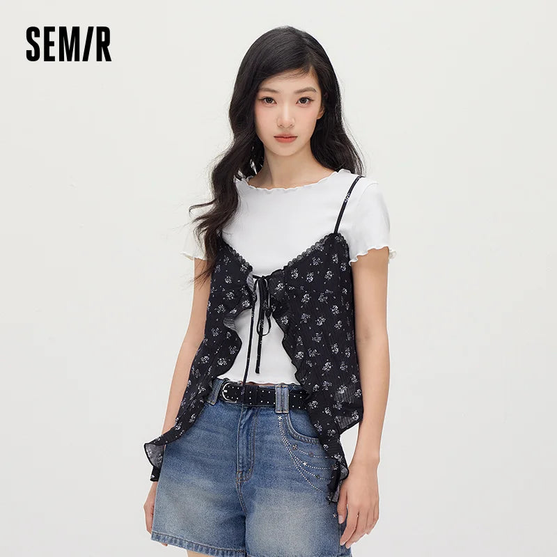 Semir Women Set Short Length Lace Tshirt Floral Textured Slip Vintage Sweet 2026 Summer Casual Fashion Top