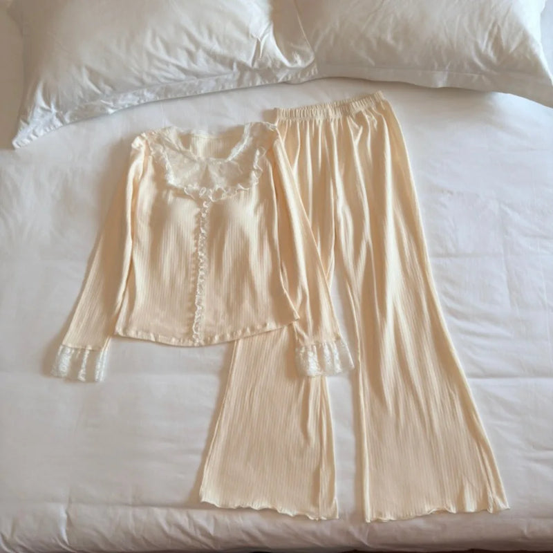 Autumn Sleepwear Woman Nightwear Chest Pads Two Piece Pajamas Set Lady Long-sleeved Trousers Home Clothes Pijama Soft Loungewear