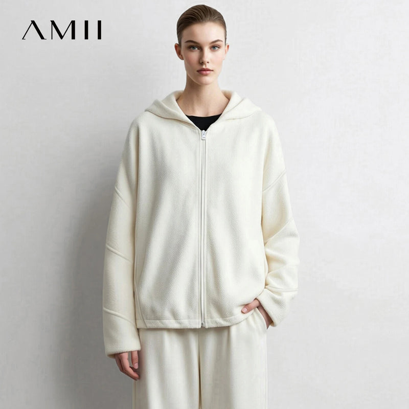 Amii Hooded Oversized Jacket Balloon Hem Rice Velvet Slimming Casual Commuter Minimalist Autumn Women's Hoodies 12643117