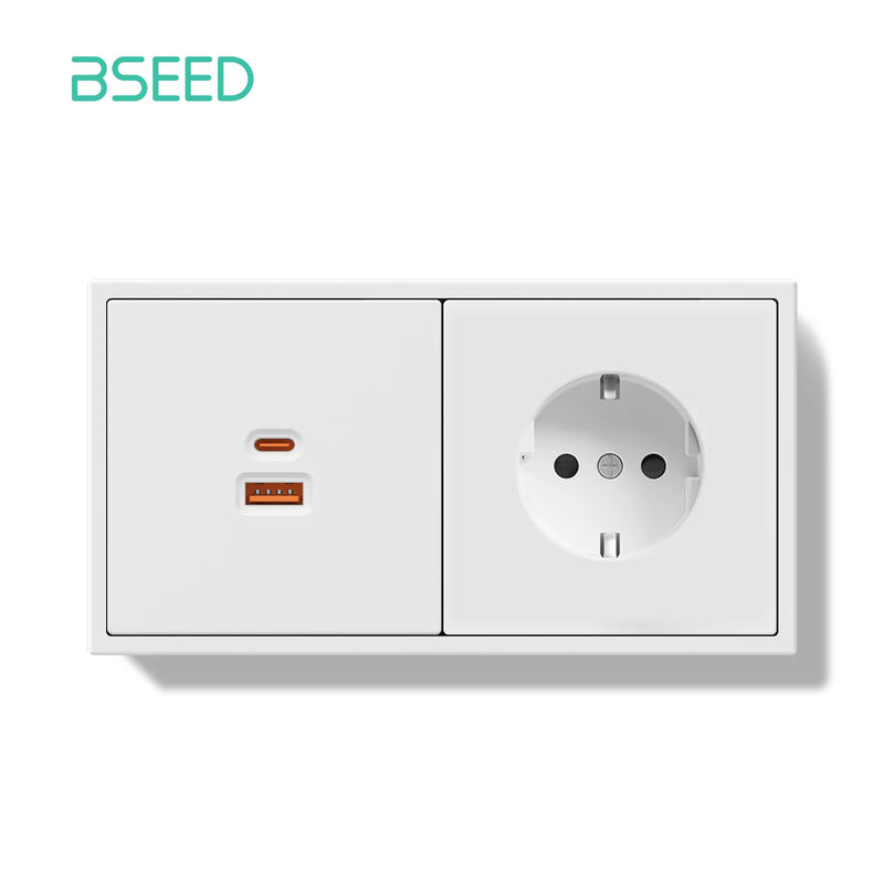 BSEED Mechanical Button Light Switch 1/2Gang 1Way With 65W USB Type-C Fast Charge Socket Plastic Frame Switch With LED Indicator