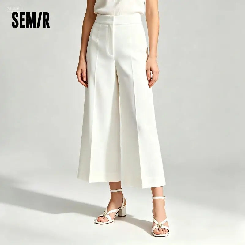 Semir Women Pants Textured 2026 Pleated Cropped Length Wide Leg Solid Urban Casual Everyday Style Soft Comfortable Daily Wear