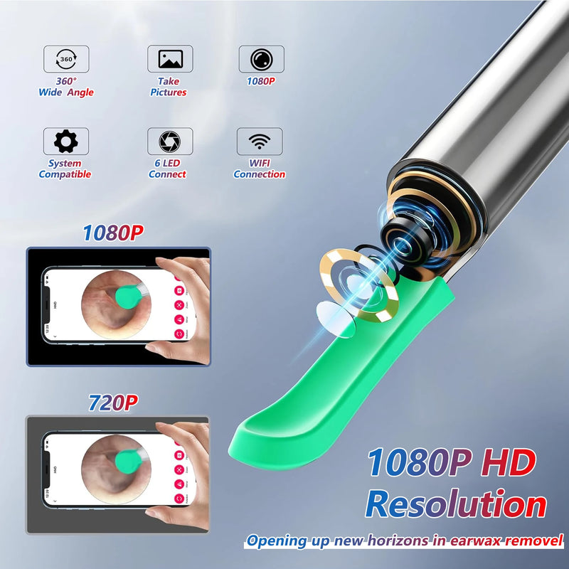 ឧបករណ៍សម្អាតត្រចៀក Smart Visual HD ដំបងត្រចៀក Otoscope USB C សាកថ្ម ឧបករណ៍ Endoscope ដកយកក្រមួនចេញ ឧបករណ៍ចាក់ត្រចៀក កាមេរ៉ាខ្នាតតូច ឈុតថែទាំសុខភាព