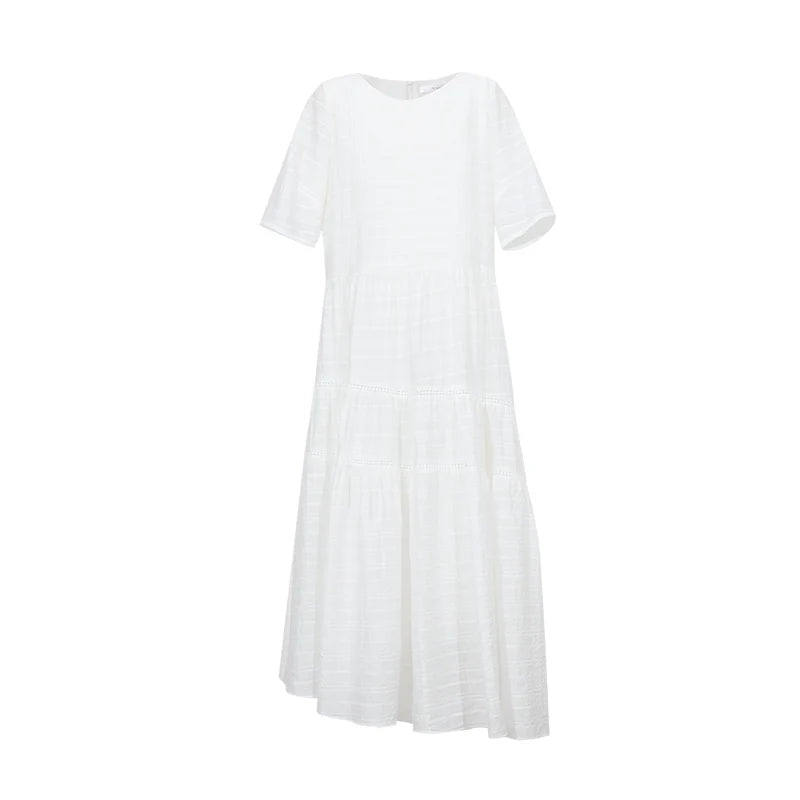 Amii Long Dresses 2026 Summer New Round Neck Mid Sleeve Tiered Skirt Casual Loose Fit Asymmetric Hem Dress For Women 12642118