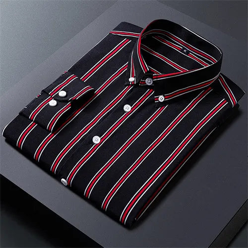 Black Striped Long Sleeve Shirt, Men's Single Breasted Shirts, with Square Collar Yellow Brown Camisas Para Hombre M-5XL