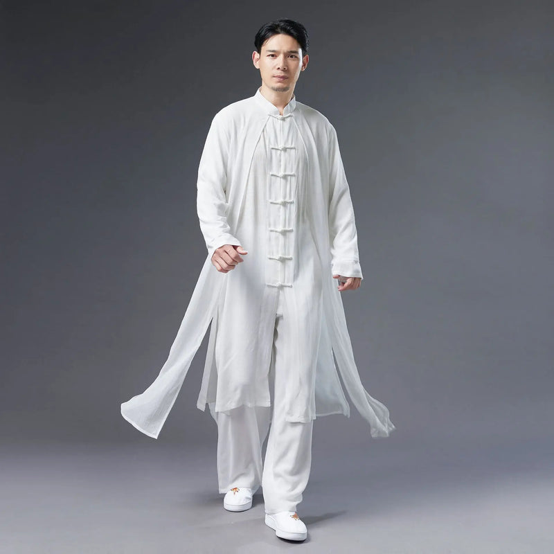 Chinese-style Men's White Trench Coat, Summer Black Cotton-linen Long Jacket.
