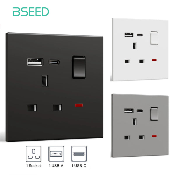 BSEED UK Standard Switched Wall Socket with USB Type-C Port 13A Electric UK Outlet with Switch On Off Integrated Panel Plastic