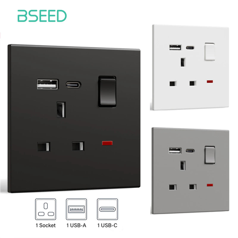 BSEED UK Standard Switched Wall Socket with USB Type-C Port 13A Electric UK Outlet with Switch On Off Integrated Panel Plastic