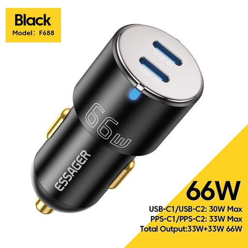 Essager PD 100W 66W Car Charger Fast Charging Quick Charger QC PD 3.0 For iPhone 14 Type C USB Car Charger For Samsung Huawei 66W Dual C