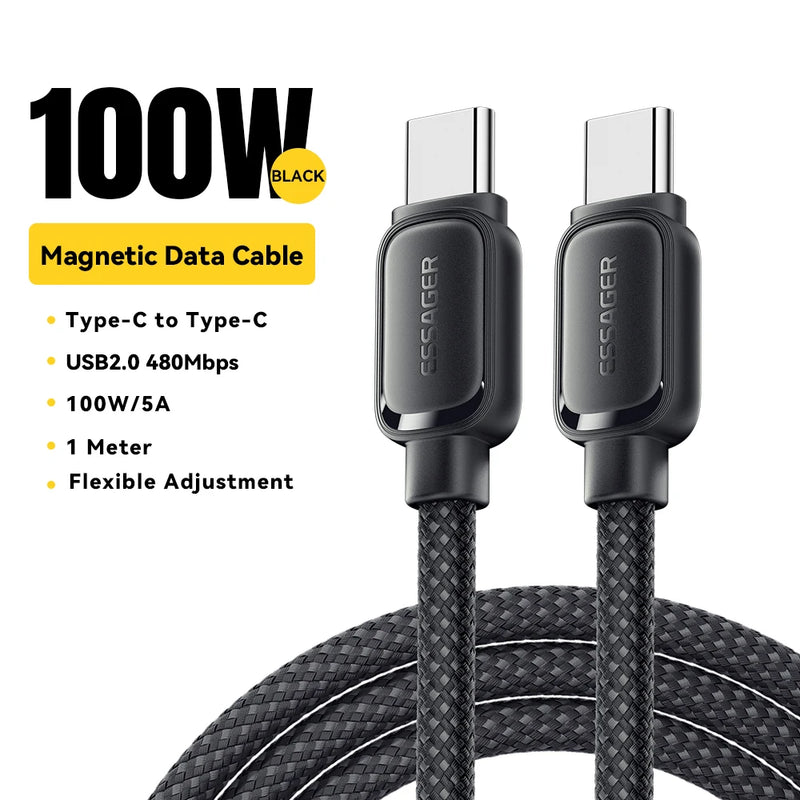 ខ្សែសាកទិន្នន័យ Essager 100W ម៉ាញេទិកដែលអាចដកថយបានលឿន ប្រភេទ C ទៅប្រភេទ C សម្រាប់សាក iPhone 17 16 15 Pro សម្រាប់ MacBook Samsung