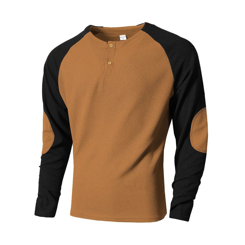 Men's Autumn Outdoor Breathable Long - Sleeve Round - Neck Waffle Knit Sweatshirt with Raglan Sleeve Splicing