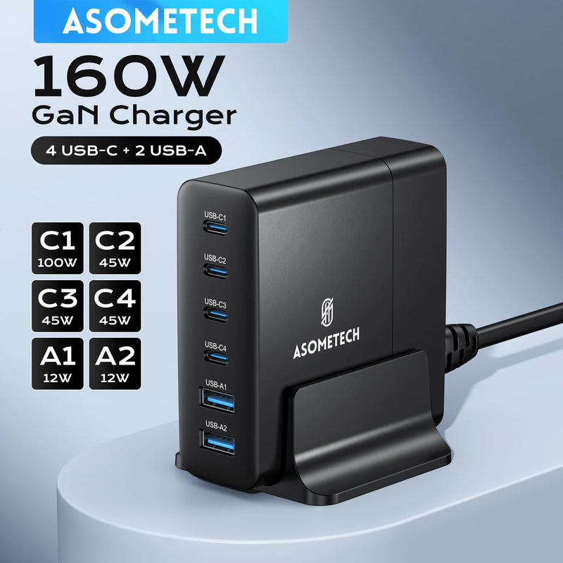 ស្ថានីយសាកថ្មលឿន GaN USB C 160W PPS PD QC សាកថ្មលឿន 6 រន្ធ សម្រាប់ MacBook iPad iPhone 14 13 Samsung Laptop