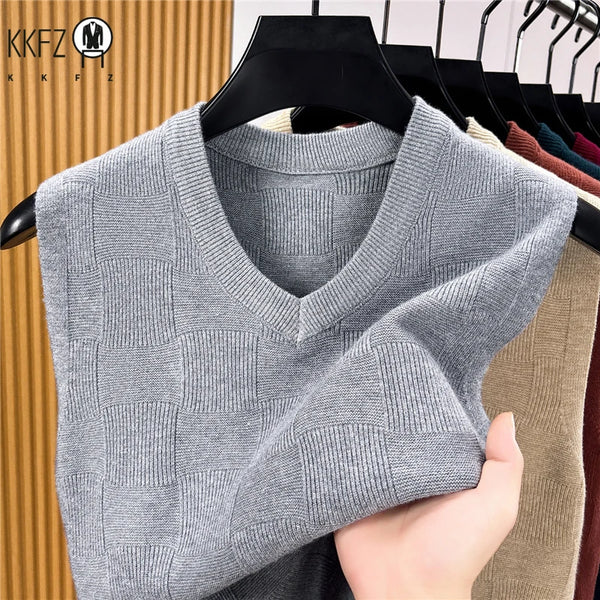 Fall Mens V Neck Jacquard Knitted Waistcoat Sleeveless Sweater Vest Comfort Textured Knit Top For Business Daily Outfit