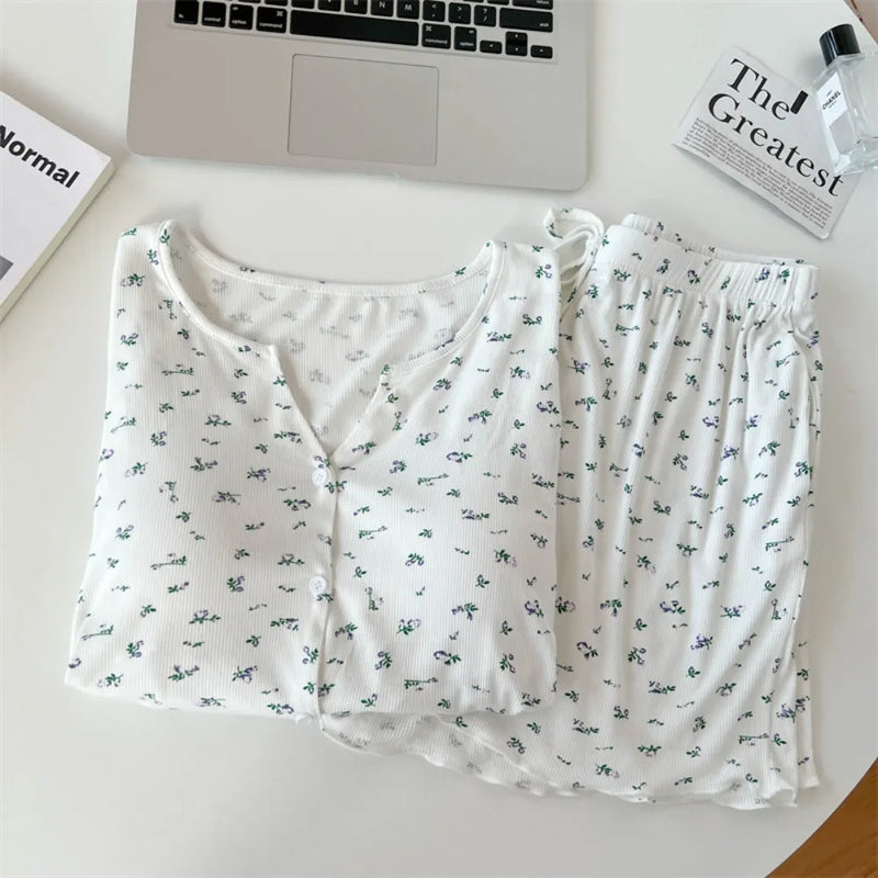 Floral Thin Nightwear 2 Pieces Set for Woman Pajamas Chest Pads Women’s Loungewear Summer Suit Short Sleeve Sleepwear Pyjamas