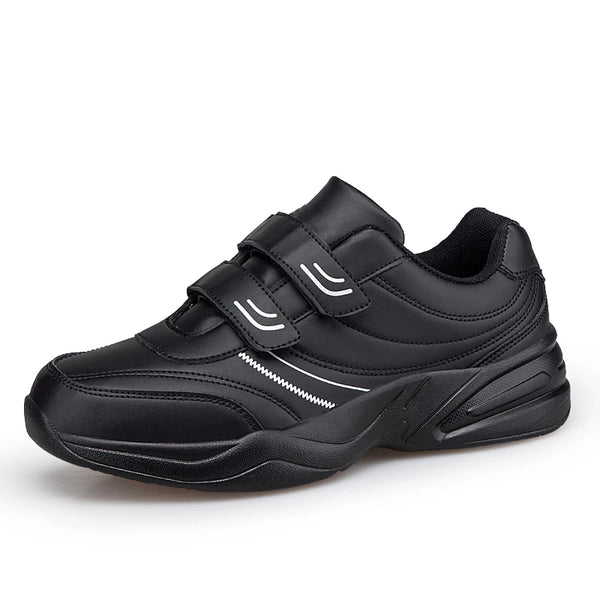 Men's Adjustable Hook And Loop Leather Sneakers Pure Black Casual Sports Shoes Big Size 47 48 Elderly Walking Shoes
