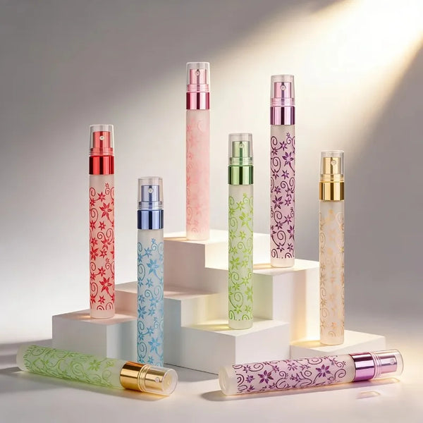 3pcs 10ml Exquisite Frosted Printed Spray Bottles,Portable Travel Perfume Atomizer Bottles,Travel Essential, Random color.
