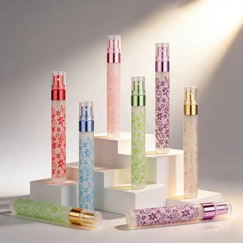 3pcs 10ml Exquisite Frosted Printed Spray Bottles,Portable Travel Perfume Atomizer Bottles,Travel Essential, Random color.
