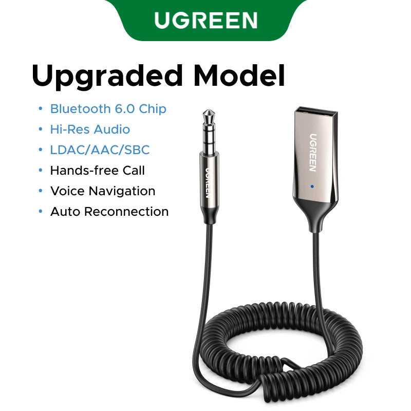 UGREEN Aux to Bluetooth 6.0 Adapter 3.5mm Bluetooth Receiver LDAC Hi-Res Audio for Car USB to 3.5mm Jack Kit with Microphone Aux