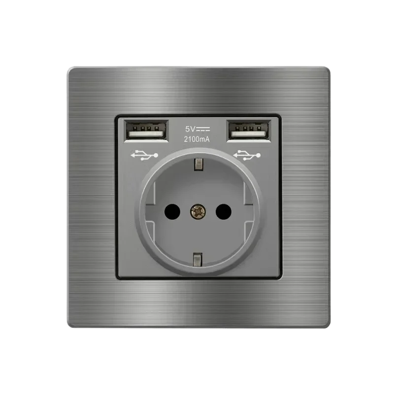 Metal grey Eu wall light switch,Stainless steel universal usb rechargeable electrical socket,220V dimmer speed control switch