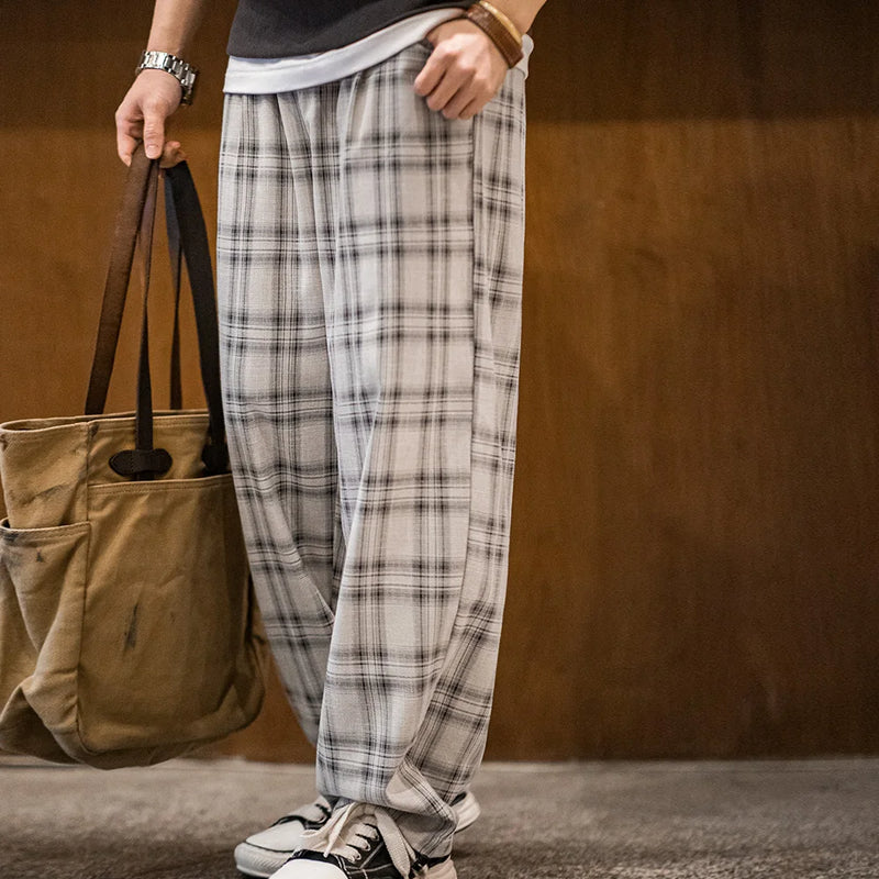 Maden Vintage Loose Fit Checkered Cargo Pants Men's Spring Lightweight Drawstring Waist Straight Trousers Casual Wide Leg Pants