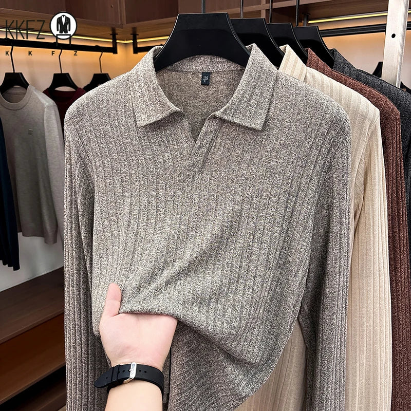 Spring Fall Men Lapel Knitted Pullover Polo Long Sleeve Vertical Ribbed Soft Light Business Daily Wear Tops