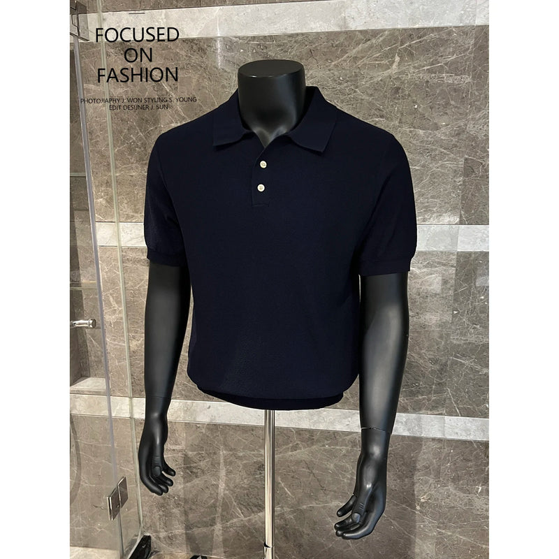 Men's Polo Shirt Knit Short Sleeve Casual Top Solid Color Stretchable Business Casual Top, Summer Pullover Knit Sweater