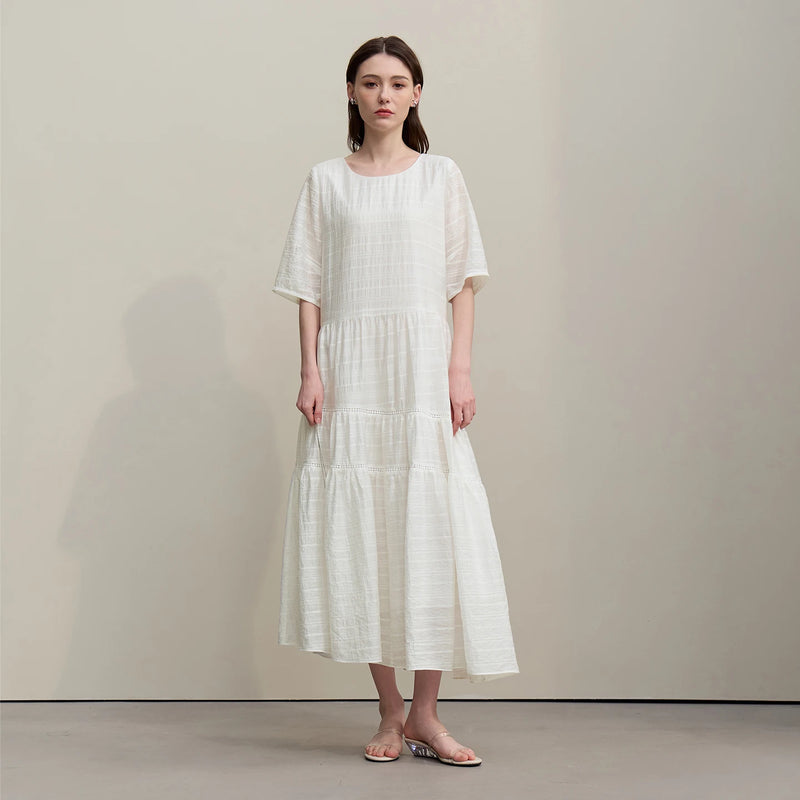 Amii Long Dresses 2026 Summer New Round Neck Mid Sleeve Tiered Skirt Casual Loose Fit Asymmetric Hem Dress For Women 12642118