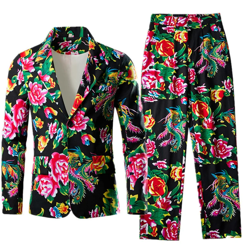 2026 New Men's Blue Printed 2-Piece Suit, Red Single Button V-Collar Cotton Jacket with Trousers.