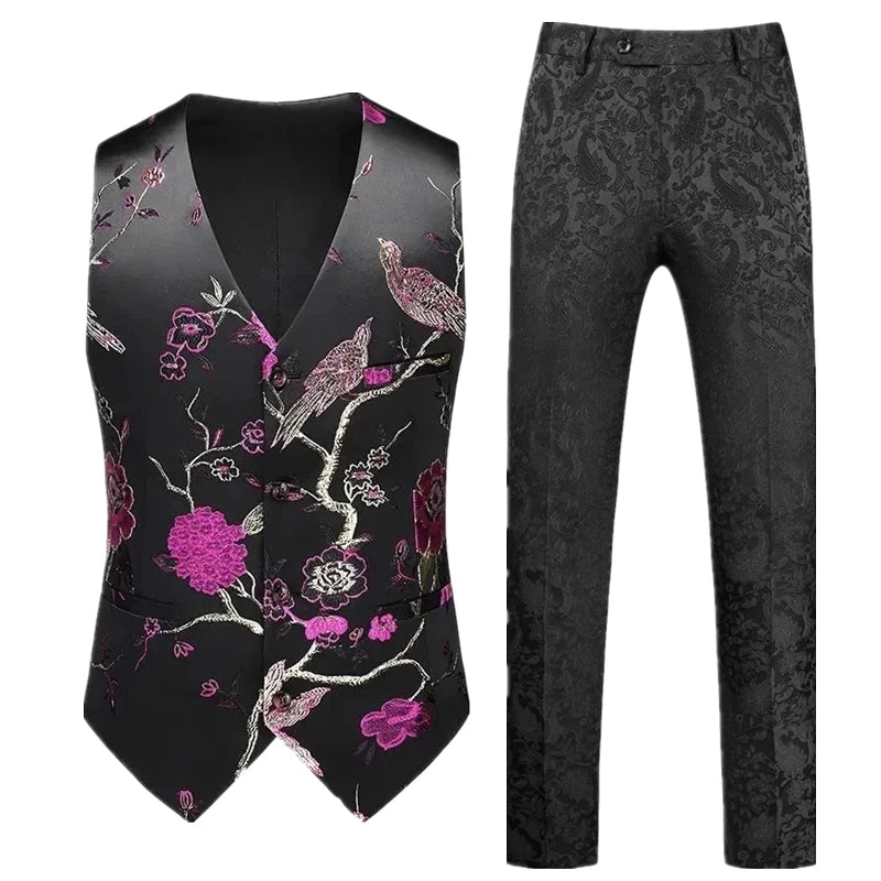 Men's Red Two-Piece Set, Sleeveless V-neck Vest with Trousers, White, Black, Red, Silver, Green,Purple To Choose From!