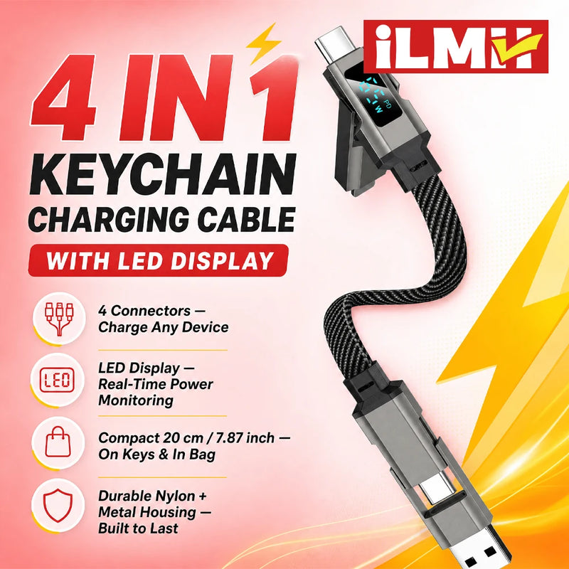 ខ្សែសាក iLMH Keychain, ខ្សែសាកច្រើនប្រភេទ USB C 4 ក្នុង 1 ជាមួយអេក្រង់ឌីជីថល, ខ្សែសាកលឿនចល័តសម្រាប់ឧបករណ៍