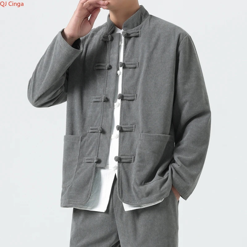 2026 Men's 2-Piece Set in Black Corduroy Fabric, Featuring A Chinese-inspired Single-breasted Stand-up Collar Jacket with Pants.