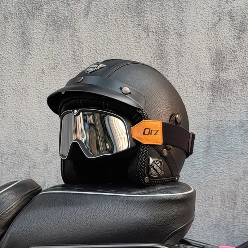 Motorcycle retro helmet PU leather 3/4 scooter half helmet couple helmet DOT approved M-XXL