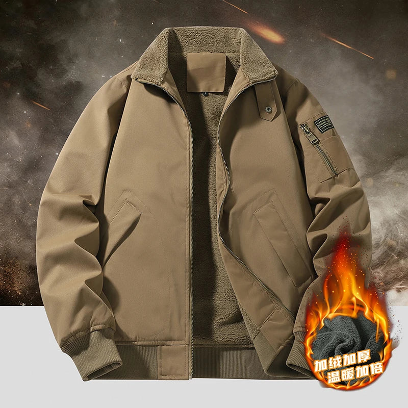 Men's Winter Fleece-Lined Bomber Jacket, Heavy Duty Cotton Military Style with Multiple Pockets, Ideal for Casual Daily Wear