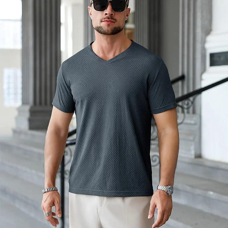 Premium Men's Business Casual V Neck T-Shirt Ice Silk Lightweight Breathable Summer Tops