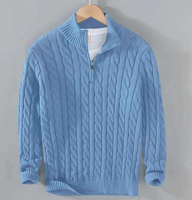Men's Cable Knit Half Zip Sweater Fall Winter Warm High Neck Pullover 100% Cotton Stretch Knitwear