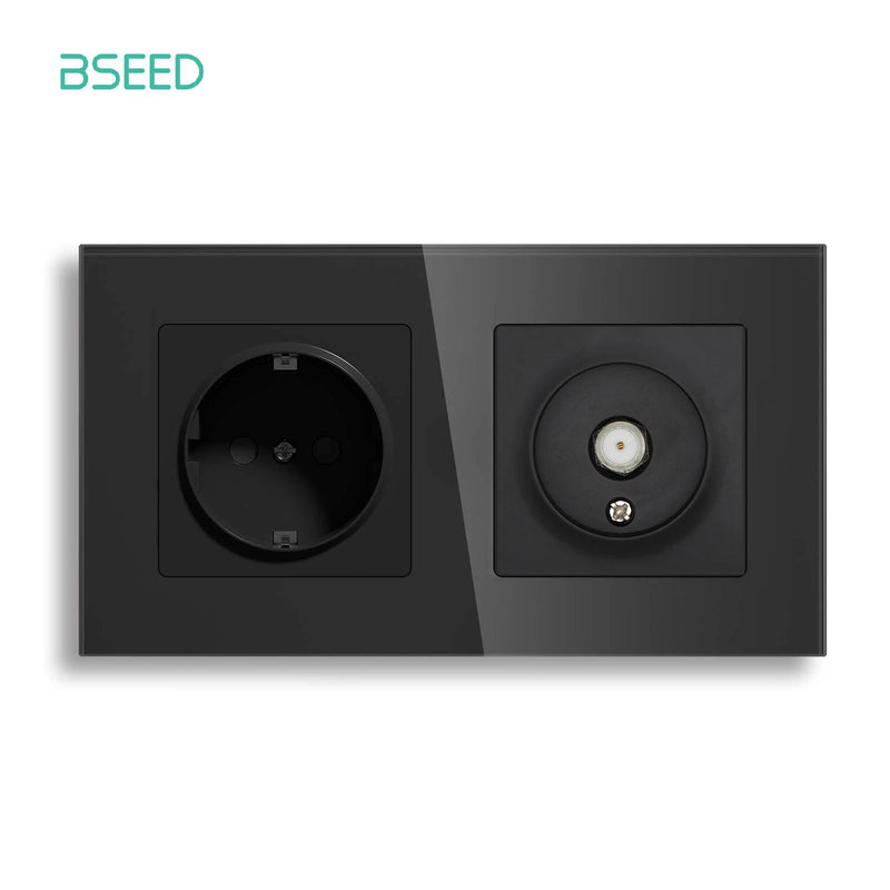 BSEED EU Standrad Wall Power Socket RJ45 Internet Socket Telephone Port Cat6 Socket Glass Panel TV Satellite Electrical Outlets